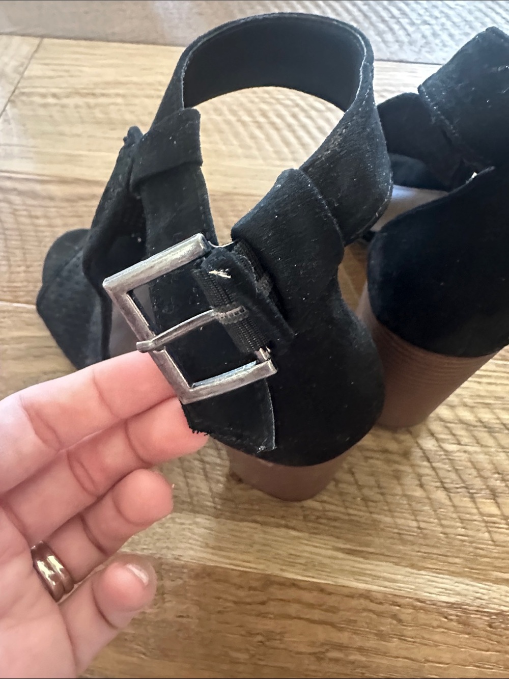 Black Suede Peep-Toe Block Heel Sandals with Ankle Strap! - Picture 9 of 10